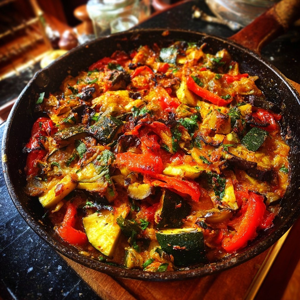 Auberginenpfanne mit Paprika und Zwiebeln